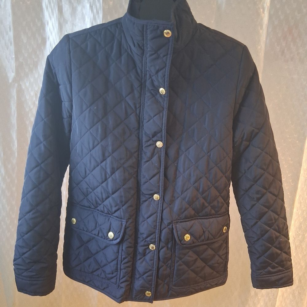 British Khaki Navy Quilted Jacket with Gold Buttons M Preppy Winter